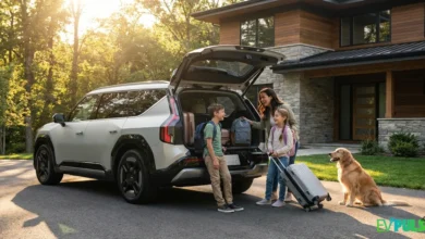 Best electric cars for families 2026 Kia EV9 with happy family loading luggage