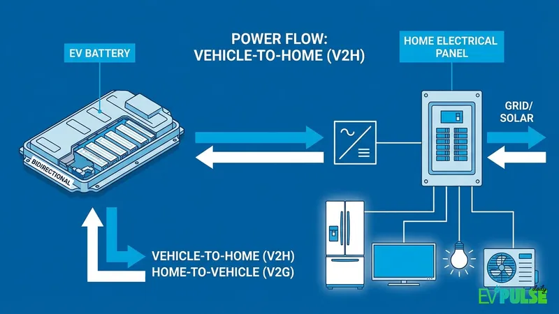 Bidirectional charging diagram showing how V2H powers home appliances