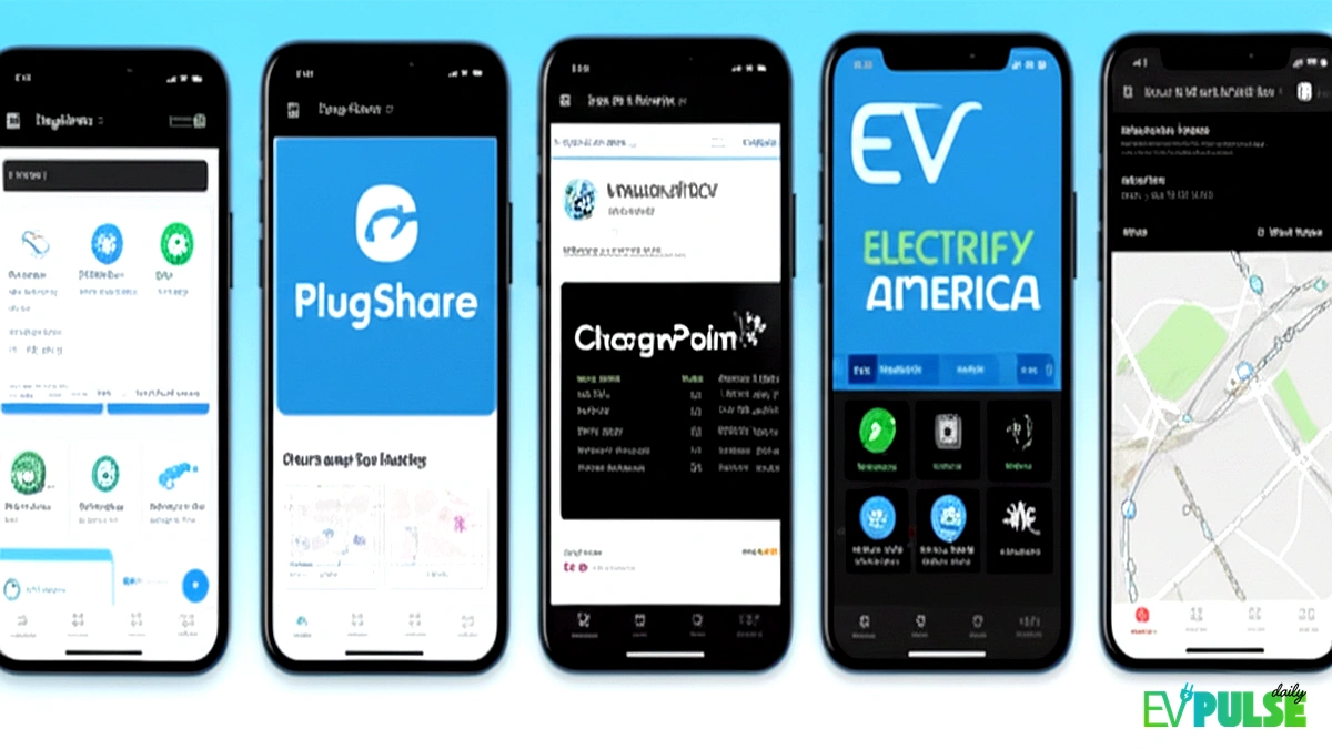 Multiple smartphone screens showing EV charging station locator apps including PlugShare and ChargePoint