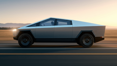 Tesla Cybertruck stainless steel electric pickup truck in dramatic lighting 2026