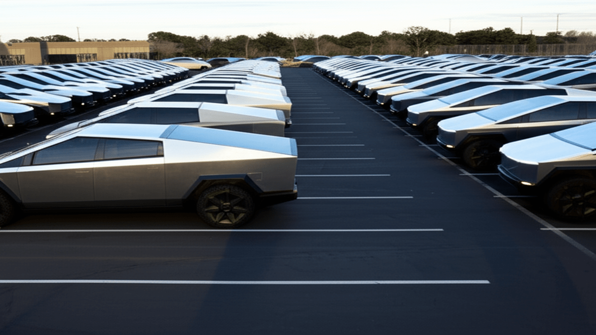 Fleet of Tesla Cybertrucks in commercial parking lot