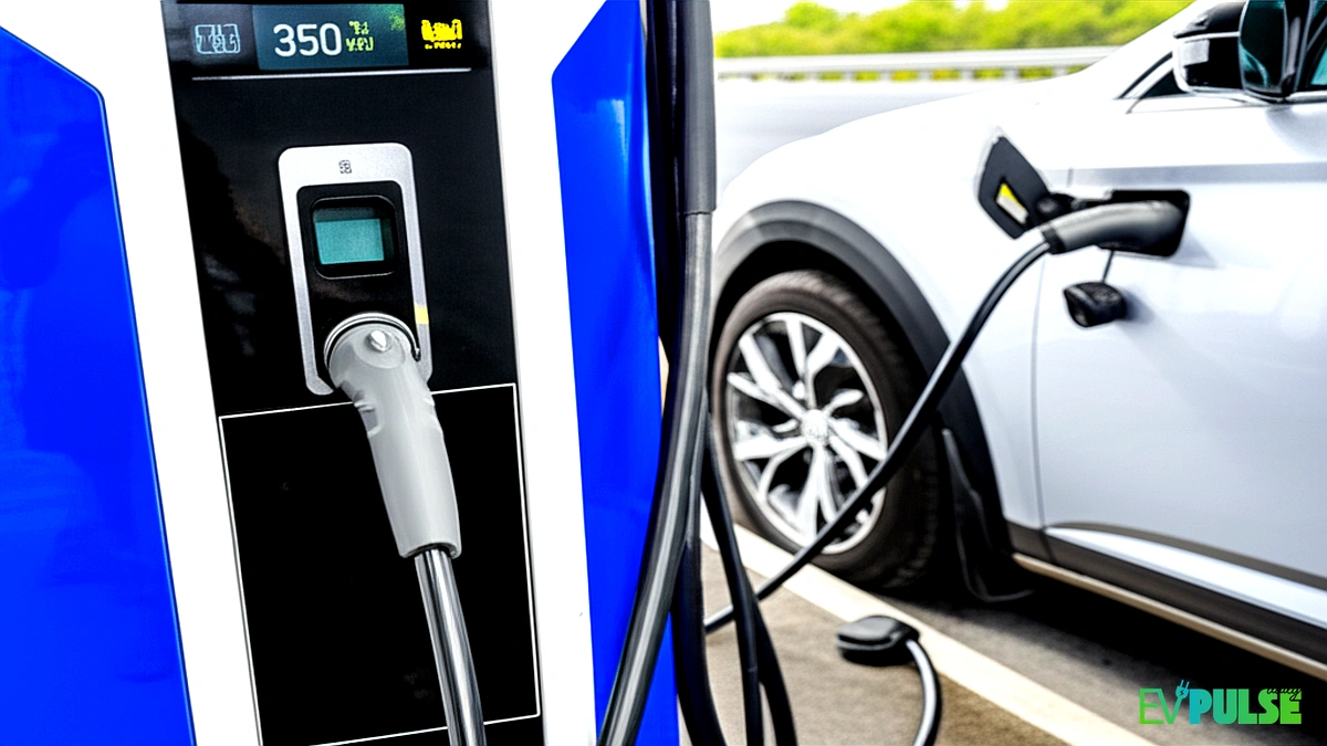 DC fast charging station with electric vehicle plugged in and LED display showing charging progress