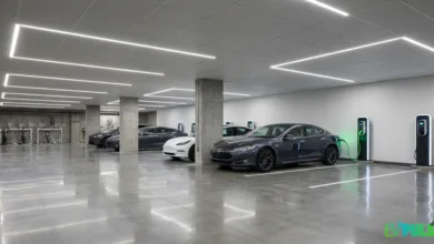 EV charging for apartments 2026 underground parking garage with electric vehicle plugged in