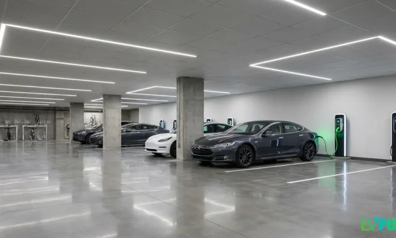 EV charging for apartments 2026 underground parking garage with electric vehicle plugged in