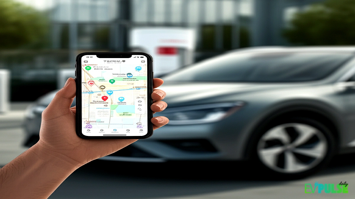 Smartphone displaying EV charging station locator app with map and station icons