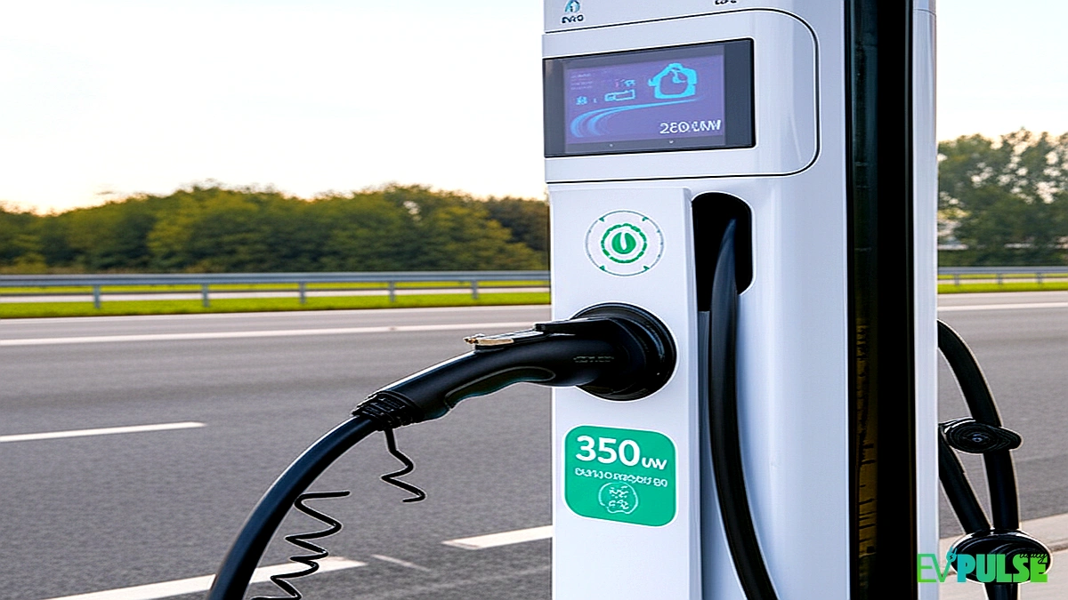 DC fast charging station with electric vehicle plugged in and LED display