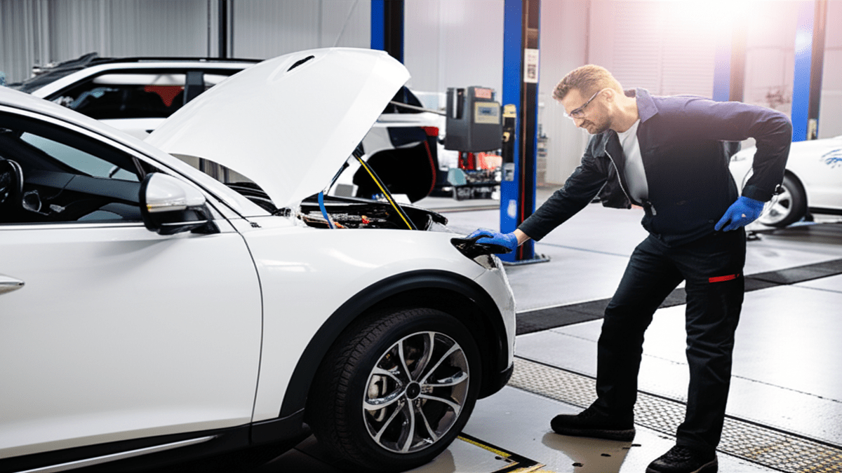 Electric car maintenance technician EV service workshop
