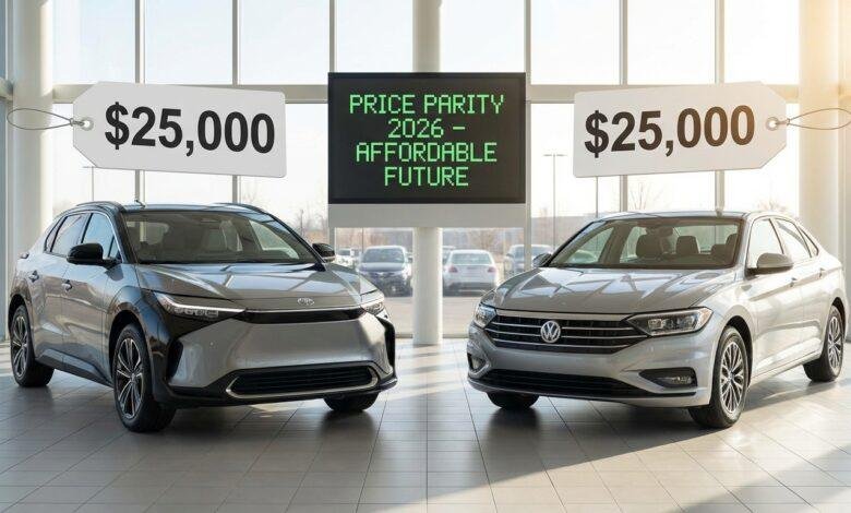 Electric cars achieve price parity with gasoline vehicles in 2026. Cost comparison data and analysis. Why EVs are now the smarter financial choice.