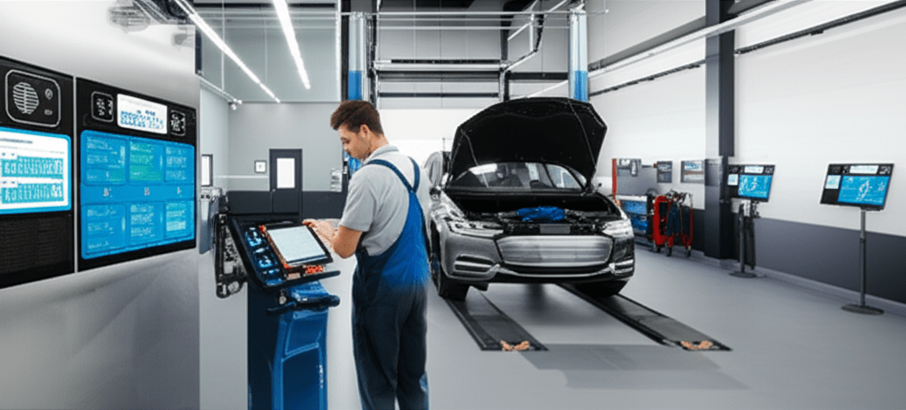 Certified technician performing EV battery diagnostics at authorized service center