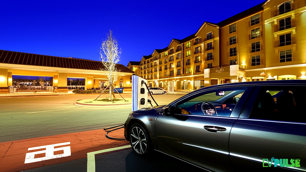 Hotel destination charging station at night with upscale hotel building and electric car charging
