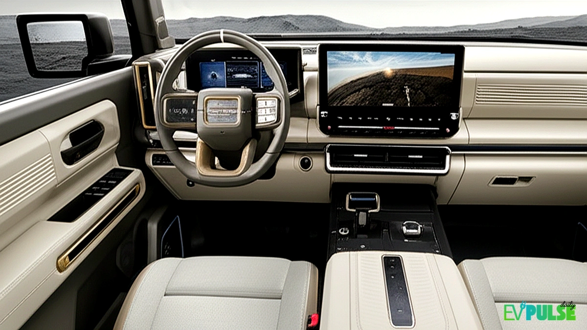 GMC Hummer EV interior dashboard with massive digital screens and lunar terrain mode display