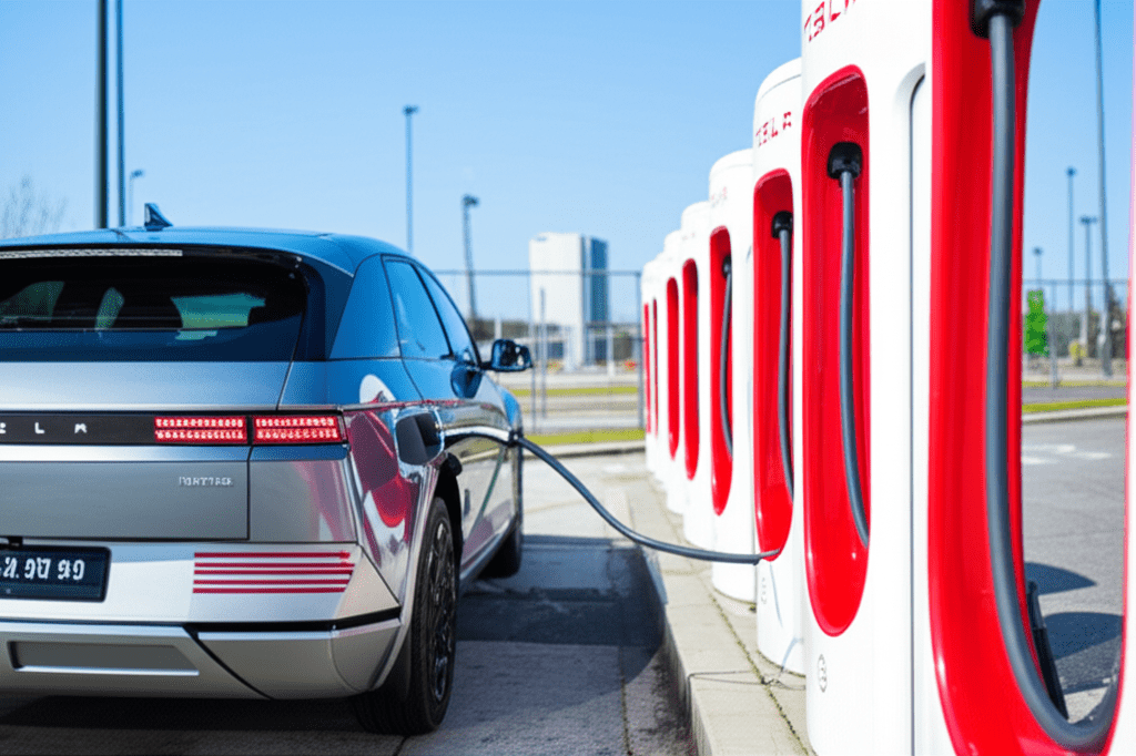 Hyundai electric vehicle charging at Tesla Supercharger with NACS connector