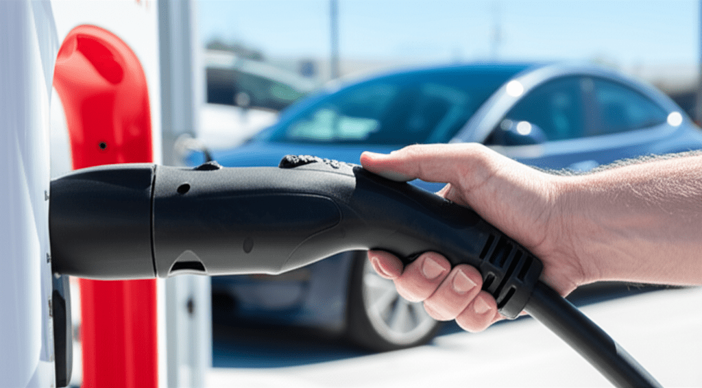 NACS to CCS charging adapter being connected to Tesla Supercharger cable