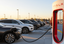 Multiple electric vehicles from Ford GM Rivian Hyundai charging at Tesla Supercharger station with NACS connectors