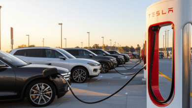 Multiple electric vehicles from Ford GM Rivian Hyundai charging at Tesla Supercharger station with NACS connectors