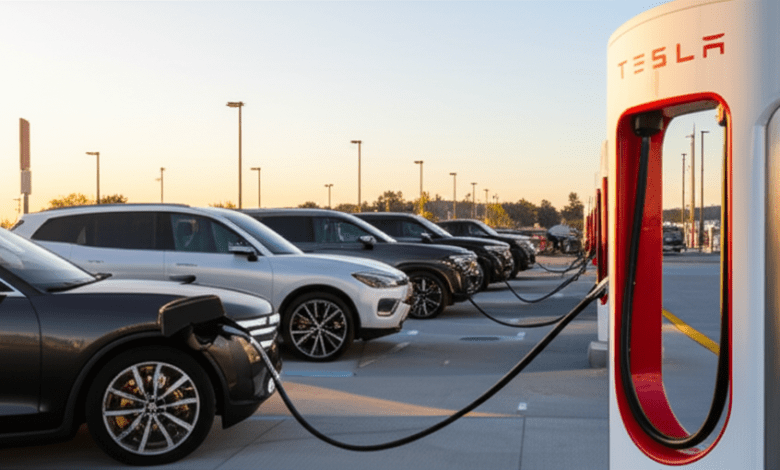 Multiple electric vehicles from Ford GM Rivian Hyundai charging at Tesla Supercharger station with NACS connectors