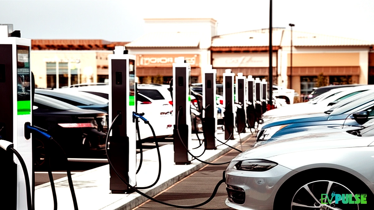 Shopping mall EV charging stations with multiple electric cars charging in parking lot