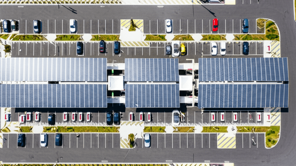 Tesla Supercharger station aerial view showing multiple EVs charging