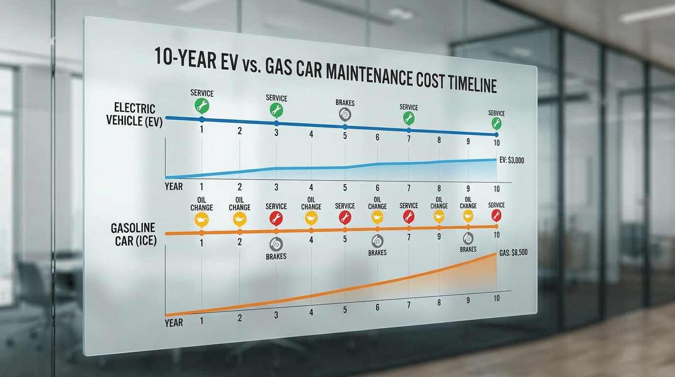 EV vs gas car maintenance timeline 10 years ev total cost of ownership