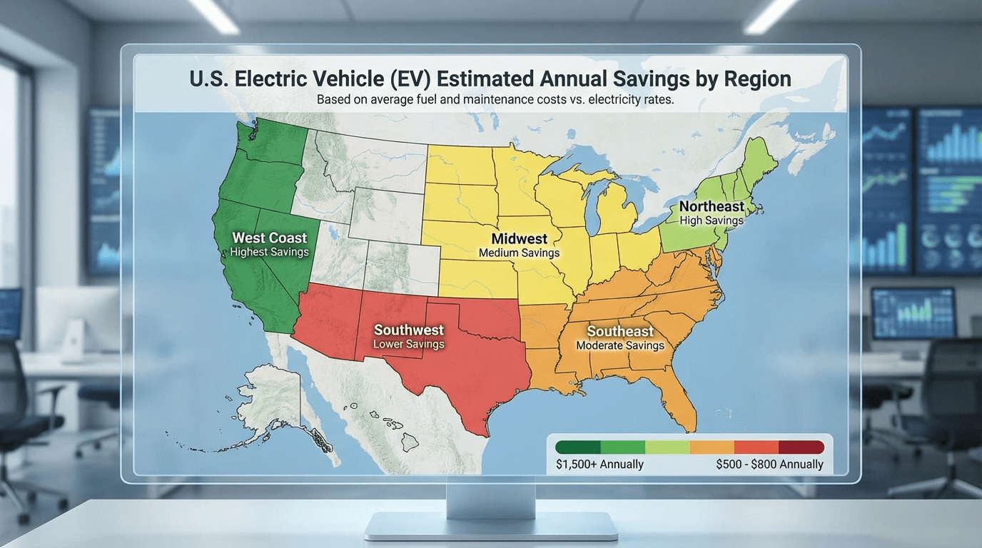 US map showing EV savings by state ev total cost of ownership