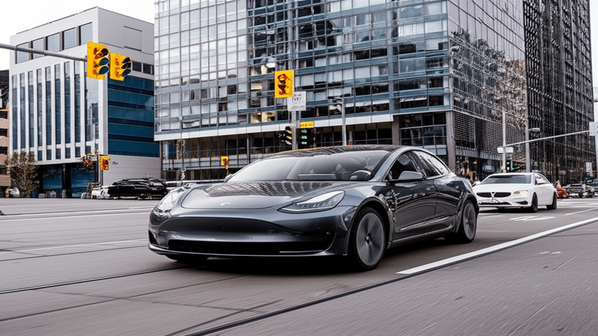 Tesla Model 3 navigating city intersection with traffic