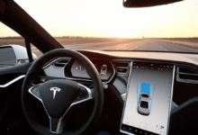 Tesla Model S with FSD driving on highway at sunset
