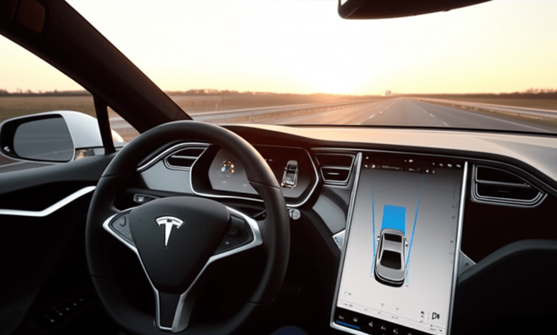 Tesla Model S with FSD driving on highway at sunset