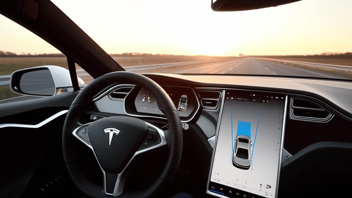 Tesla Model S with FSD driving on highway at sunset