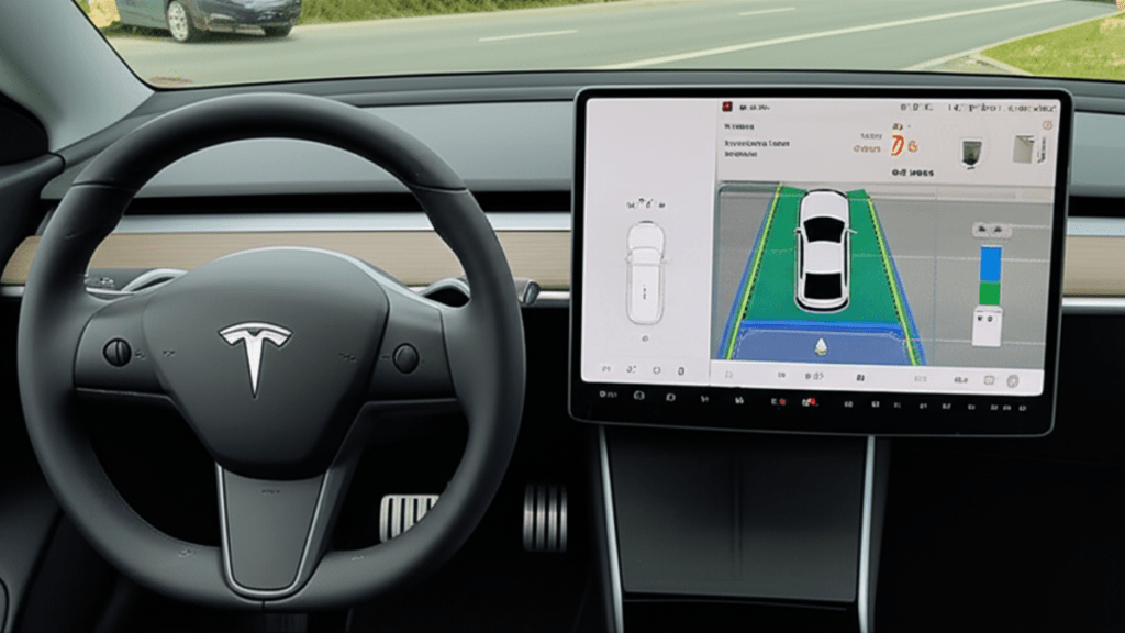 Tesla FSD v13 interior showing FSD interface on center display