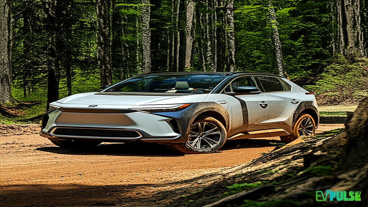 Toyota bZ Woodland 2026 off-roading on dirt trail with X-MODE engaged