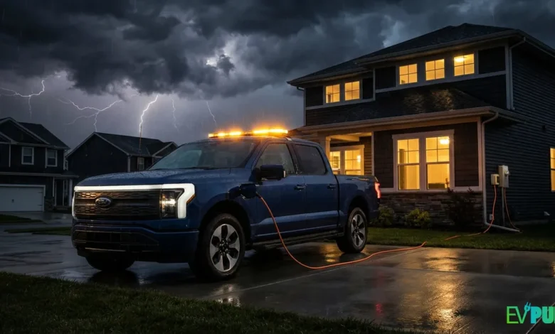 Vehicle to Home V2H 2026 Ford F-150 Lightning powering house during blackout