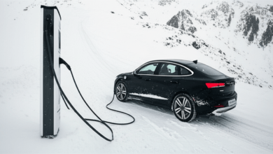 Electric car driving in snow winter landscape