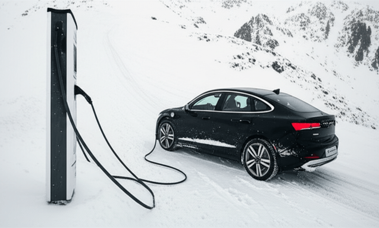 Electric car driving in snow winter landscape