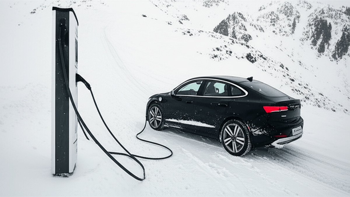 Electric car driving in snow winter landscape